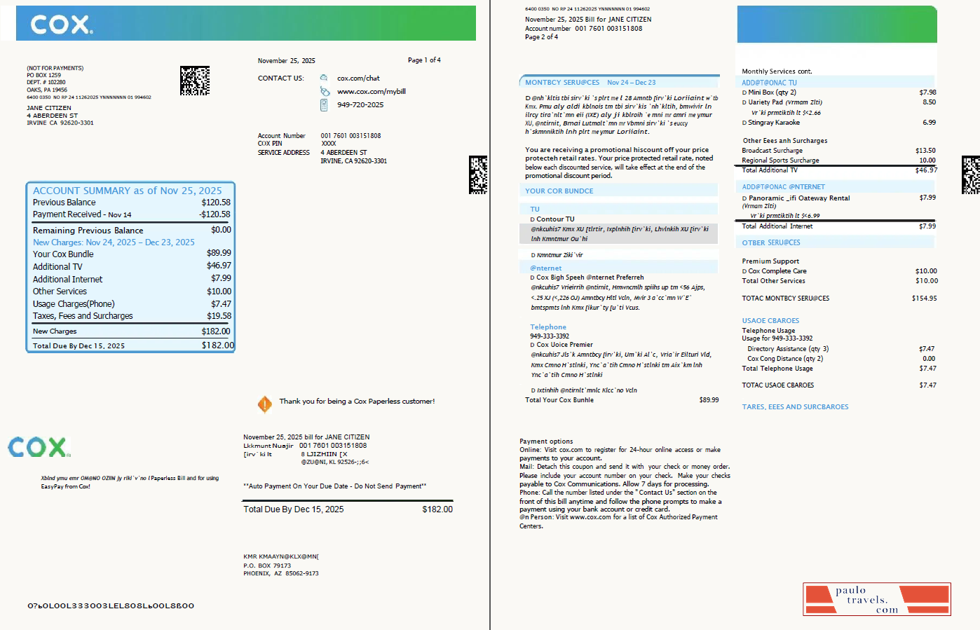 USA Cox utility bill template in Word and PDF formats, 4 pages, 1 2 pages